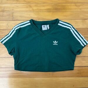 Adidas Originals Womens Forest Green Cropped V-Neck Trefoil 3-Stripe Tee Small